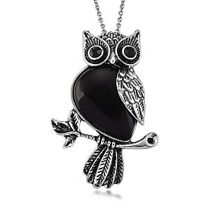 Black Obsidian & Black Crystal 33.00 ctw Pendant in Silvertone with Stainless Steel Necklace 20 Inches