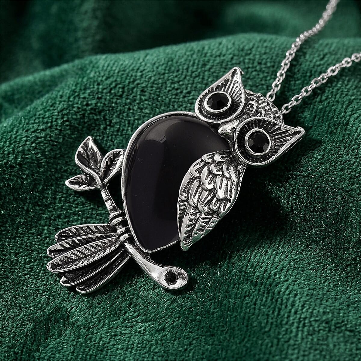 Black Obsidian & Black Crystal 33.00 ctw Pendant in Silvertone with Stainless Steel Necklace 20 Inches