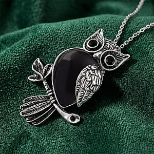 Black Obsidian & Black Crystal 33.00 ctw Pendant in Silvertone with Stainless Steel Necklace 20 Inches