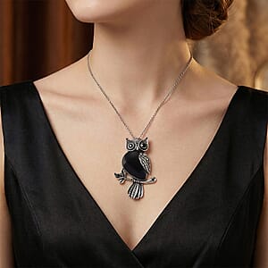 Black Obsidian & Black Crystal 33.00 ctw Pendant in Silvertone with Stainless Steel Necklace 20 Inches