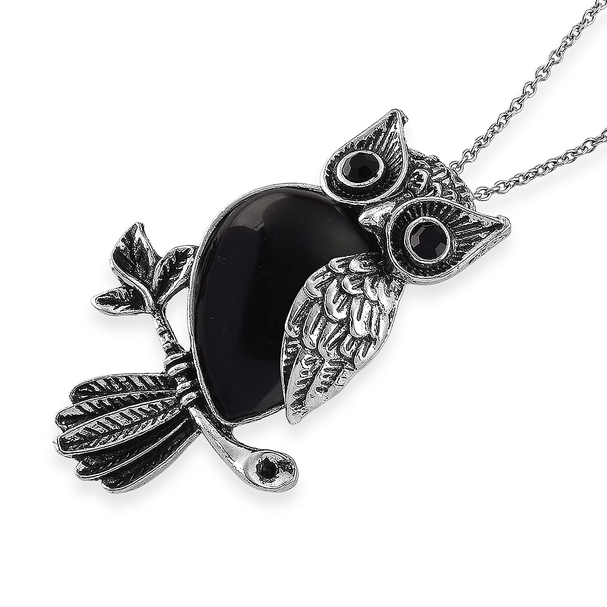 Black Obsidian & Black Crystal 33.00 ctw Pendant in Silvertone with Stainless Steel Necklace 20 Inches image number 3