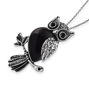 Black Obsidian & Black Crystal 33.00 ctw Pendant in Silvertone with Stainless Steel Necklace 20 Inches