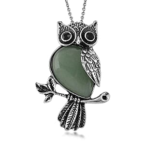 Green Aventurine & Black Crystal 33.00 ctw Pendant in Silvertone with Stainless Steel Necklace 20 Inches