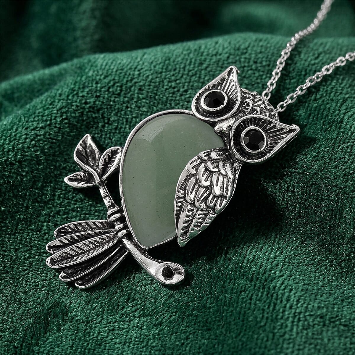 Green Aventurine & Black Crystal 33.00 ctw Pendant in Silvertone with Stainless Steel Necklace 20 Inches image number 1