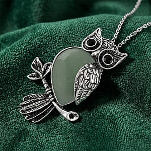 Green Aventurine & Black Crystal 33.00 ctw Pendant in Silvertone with Stainless Steel Necklace 20 Inches