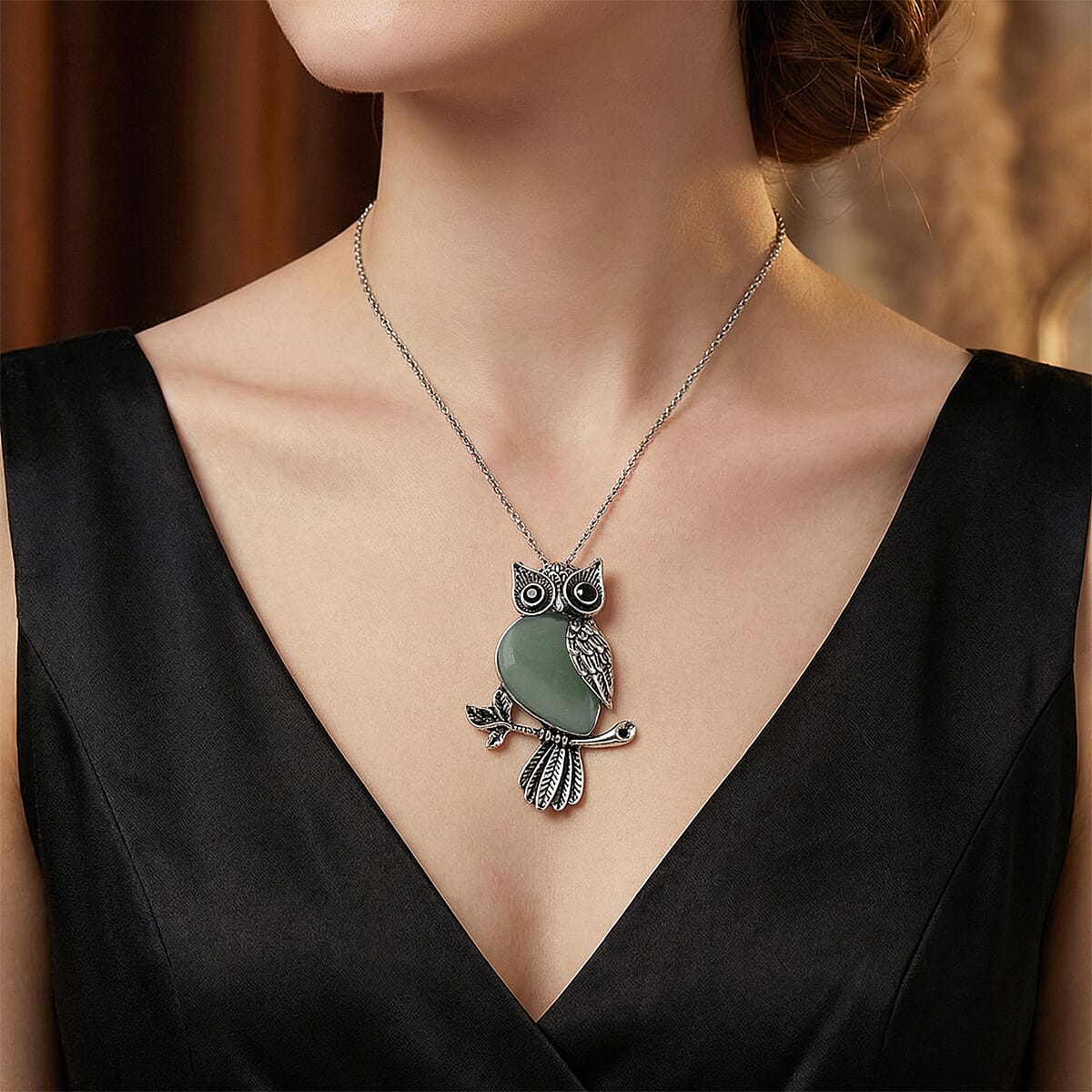 Green Aventurine & Black Crystal 33.00 ctw Pendant in Silvertone with Stainless Steel Necklace 20 Inches image number 2