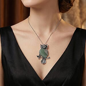 Green Aventurine & Black Crystal 33.00 ctw Pendant in Silvertone with Stainless Steel Necklace 20 Inches