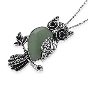 Green Aventurine & Black Crystal 33.00 ctw Pendant in Silvertone with Stainless Steel Necklace 20 Inches