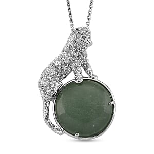 Green Aventurine 38.00 ctw Pendant in Silvertone with Stainless Steel Necklace 20 Inches