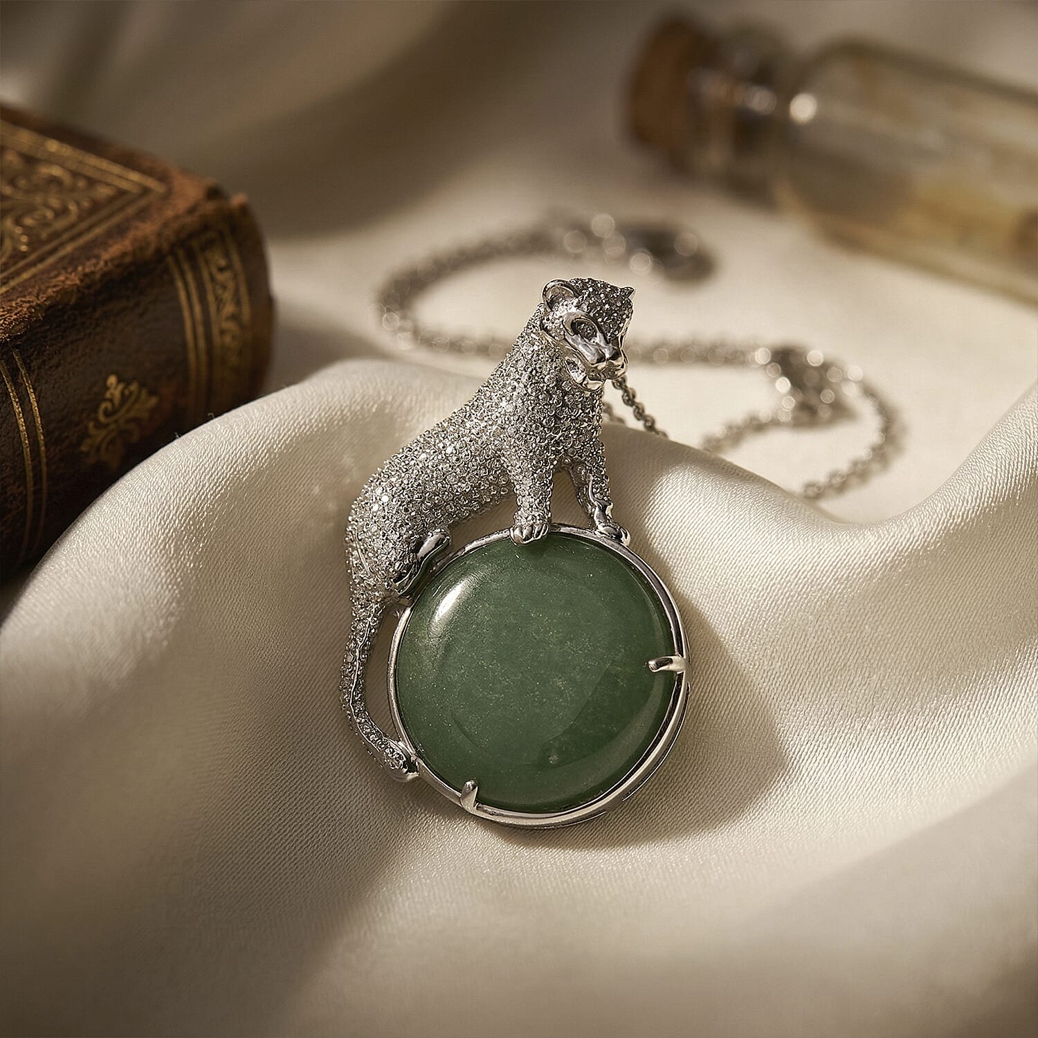 Green Aventurine 38.00 ctw Pendant in Silvertone with Stainless Steel Necklace 20 Inches