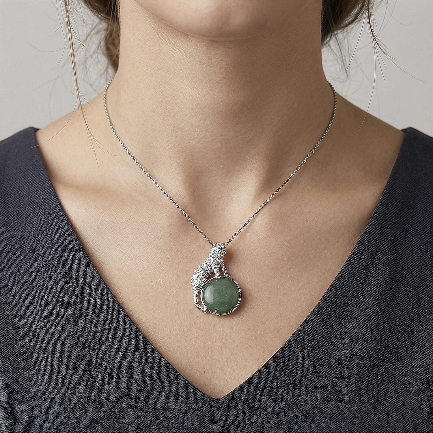 Green Aventurine 38.00 ctw Pendant in Silvertone with Stainless Steel Necklace 20 Inches
