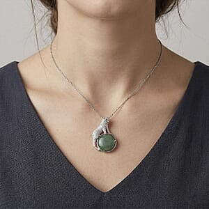 Green Aventurine 38.00 ctw Pendant in Silvertone with Stainless Steel Necklace 20 Inches