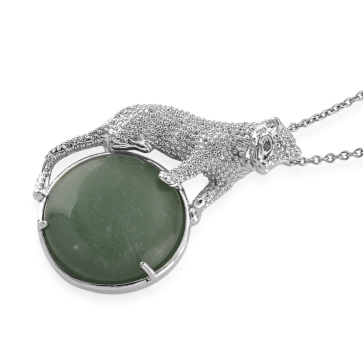Green Aventurine 38.00 ctw Pendant in Silvertone with Stainless Steel Necklace 20 Inches