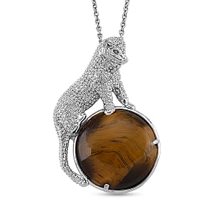 Yellow Tigers Eye 38.00 ctw Pendant in Silvertone with Stainless Steel Necklace 20 Inches