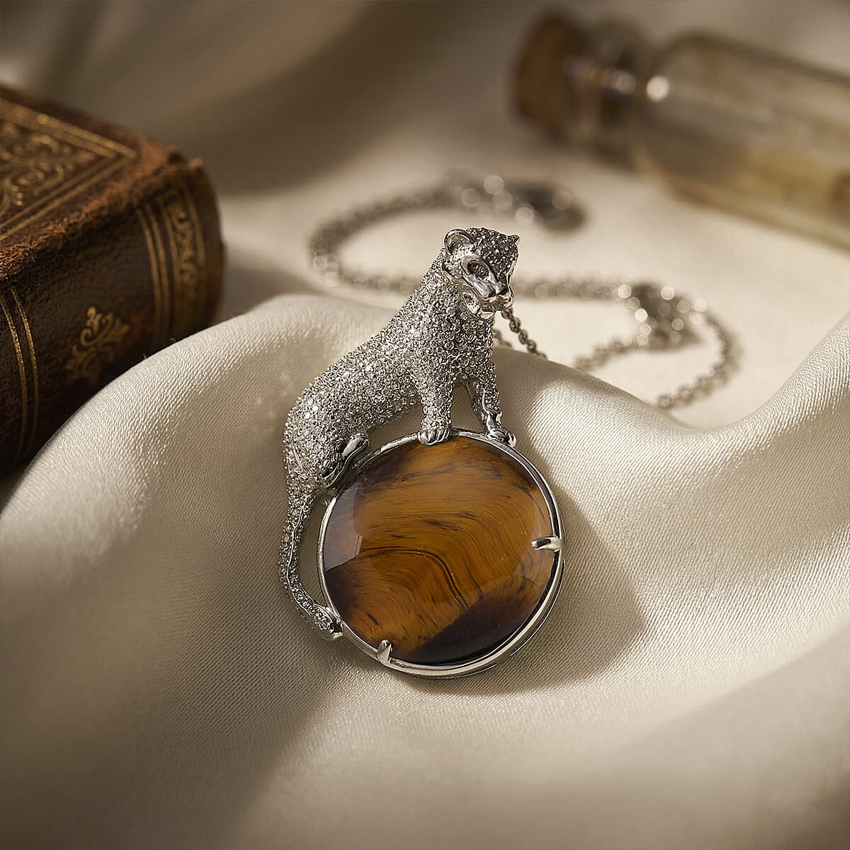 Yellow Tigers Eye 38.00 ctw Pendant in Silvertone with Stainless Steel Necklace 20 Inches image number 1