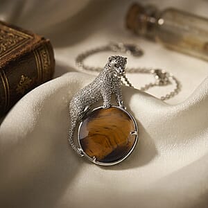 Yellow Tigers Eye 38.00 ctw Pendant in Silvertone with Stainless Steel Necklace 20 Inches