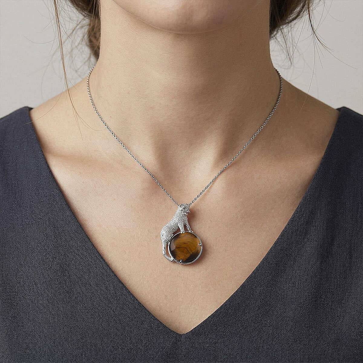 Yellow Tigers Eye 38.00 ctw Pendant in Silvertone with Stainless Steel Necklace 20 Inches image number 2