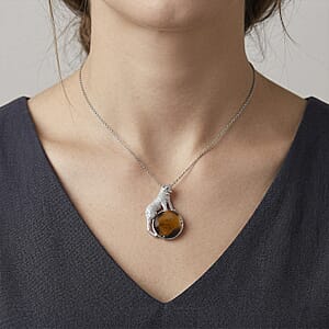 Yellow Tigers Eye 38.00 ctw Pendant in Silvertone with Stainless Steel Necklace 20 Inches