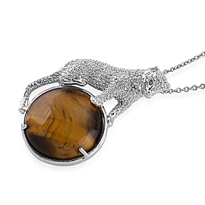 Yellow Tigers Eye 38.00 ctw Pendant in Silvertone with Stainless Steel Necklace 20 Inches