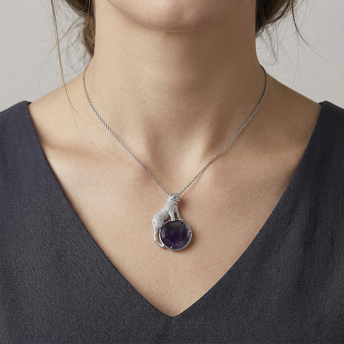 African Amethyst 38.00 ctw Pendant in Silvertone with Stainless Steel Necklace 20 Inches image number 2