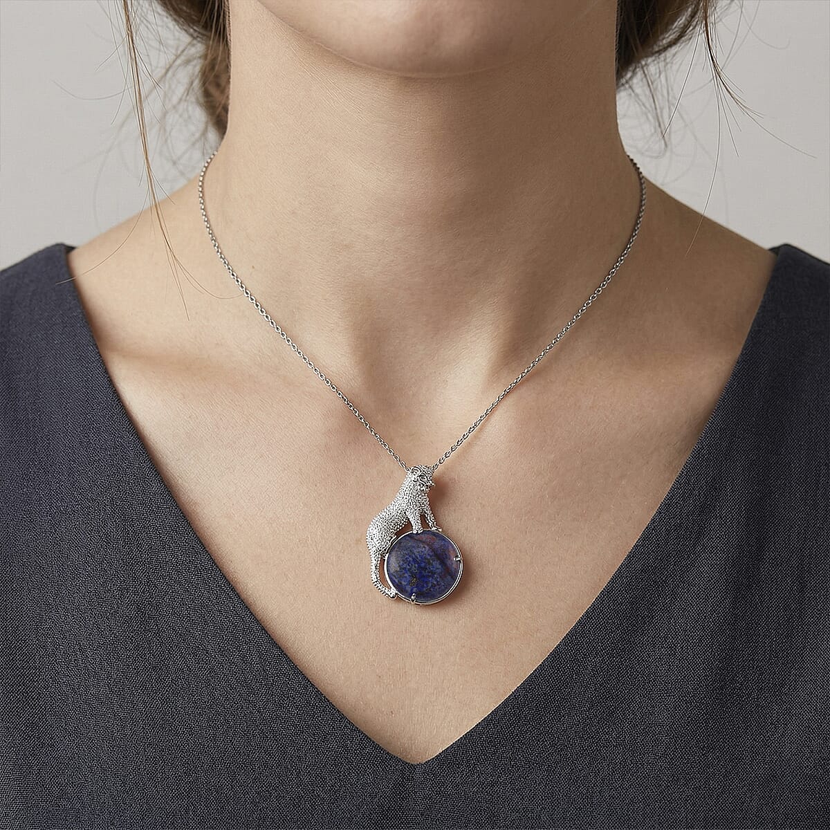Lapis Lazuli 38.00 ctw Pendant in Silvertone with Stainless Steel Necklace 20 Inches image number 2