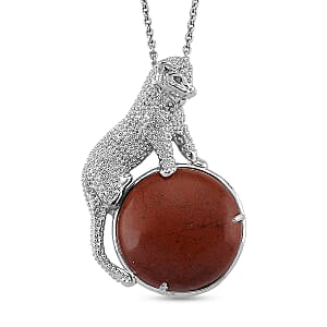 Red Jasper 38.00 ctw Pendant in Silvertone with Stainless Steel Necklace 20 Inches