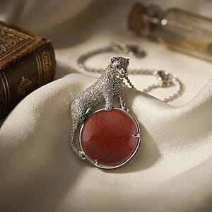Red Jasper 38.00 ctw Pendant in Silvertone with Stainless Steel Necklace 20 Inches