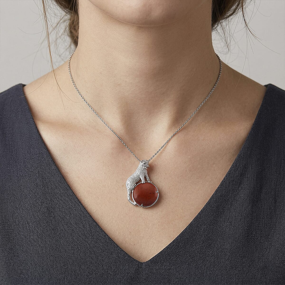 Red Jasper 38.00 ctw Pendant in Silvertone with Stainless Steel Necklace 20 Inches image number 2