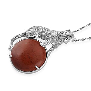 Red Jasper 38.00 ctw Pendant in Silvertone with Stainless Steel Necklace 20 Inches