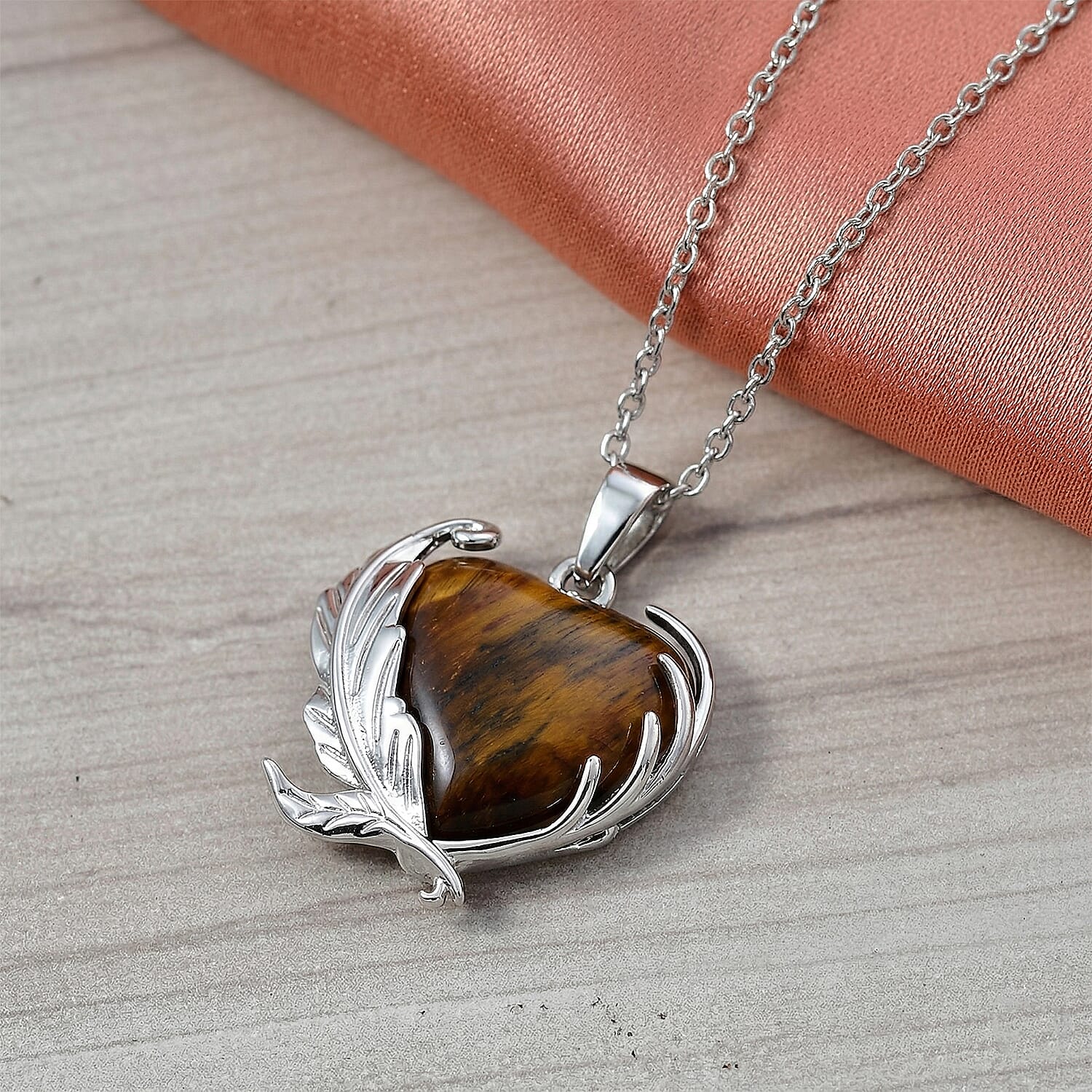 Yellow Tigers Eye 18.00 ctw Pendant in Silvertone with Stainless Steel Necklace 20 Inches