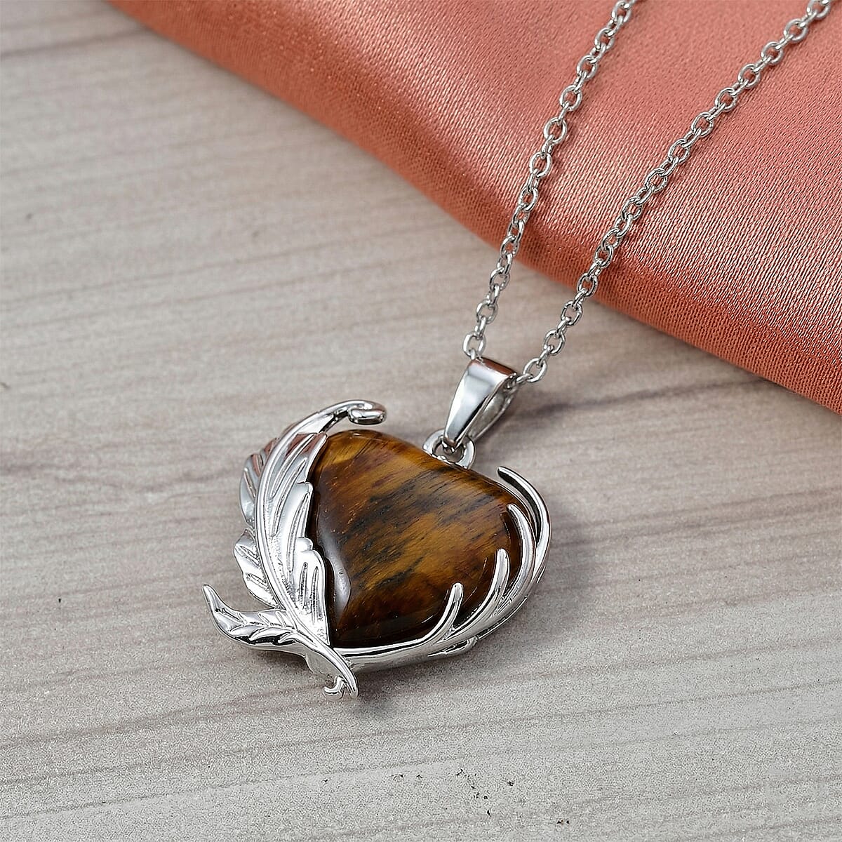 Yellow Tigers Eye 18.00 ctw Pendant in Silvertone with Stainless Steel Necklace 20 Inches image number 1