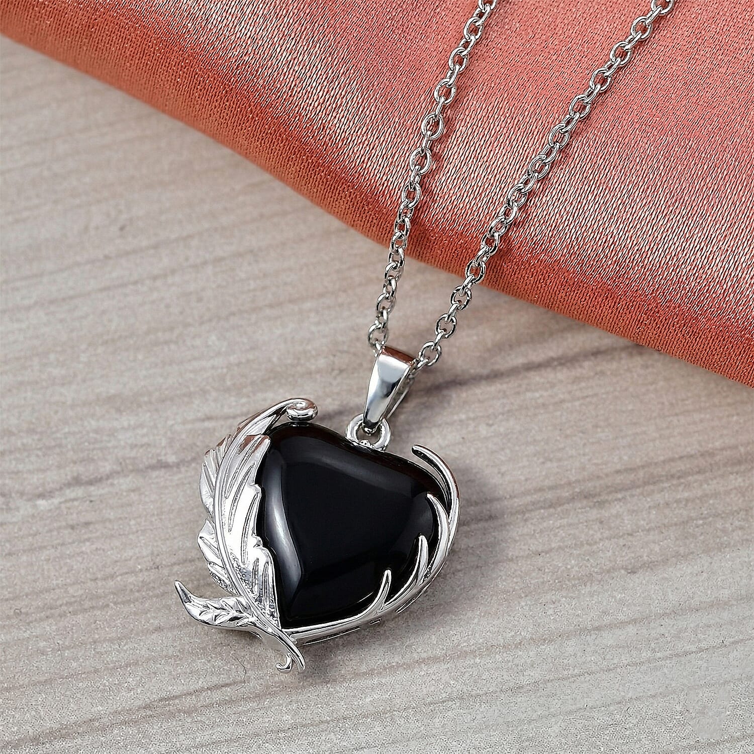 Black Obsidian 18.00 ctw Pendant in Silvertone with Stainless Steel Necklace 20 Inches