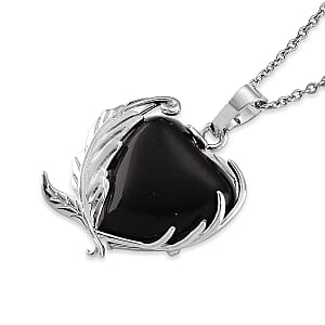 Black Obsidian 18.00 ctw Pendant in Silvertone with Stainless Steel Necklace 20 Inches