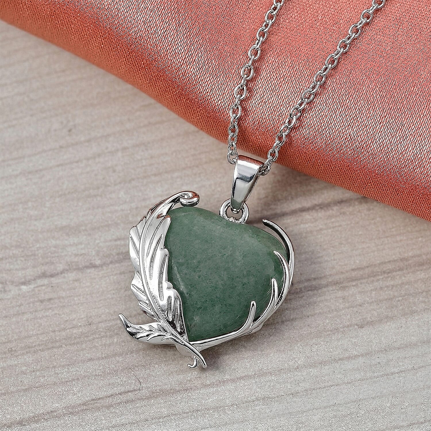 Green Aventurine 18.00 ctw Pendant in Silvertone with Stainless Steel Necklace 20 Inches