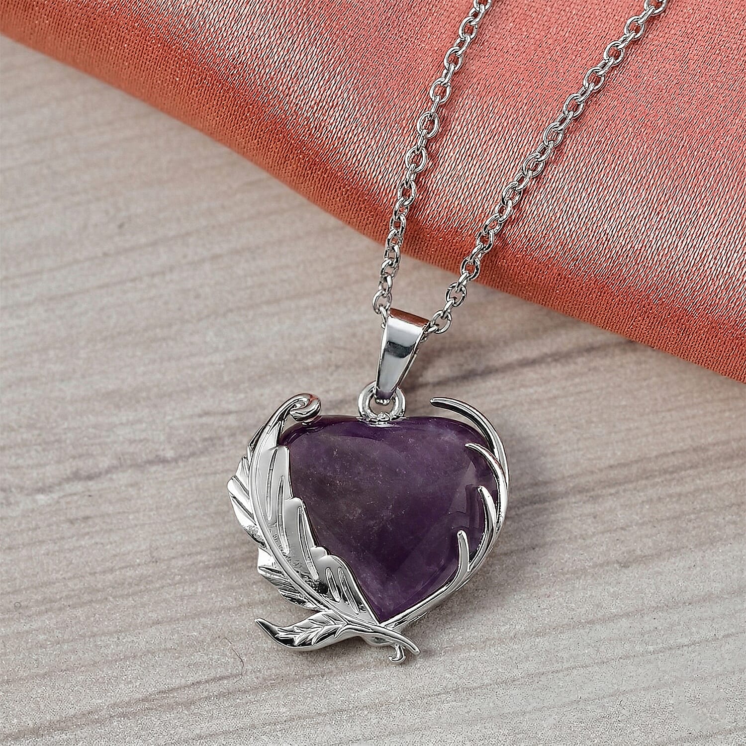 African Amethyst 18.00 ctw Pendant in Silvertone with Stainless Steel Necklace 20 Inches