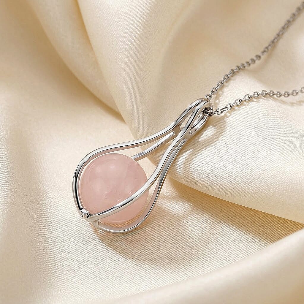 Rose Quartz 23.00 ctw Pendant in Silvertone with Stainless Steel Necklace 20 Inches