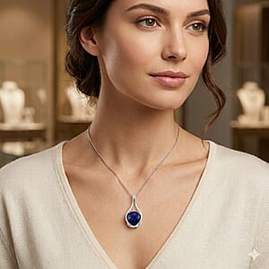 Lapis Lazuli 23.00 ctw Pendant in Silvertone with Stainless Steel Necklace 20 Inches