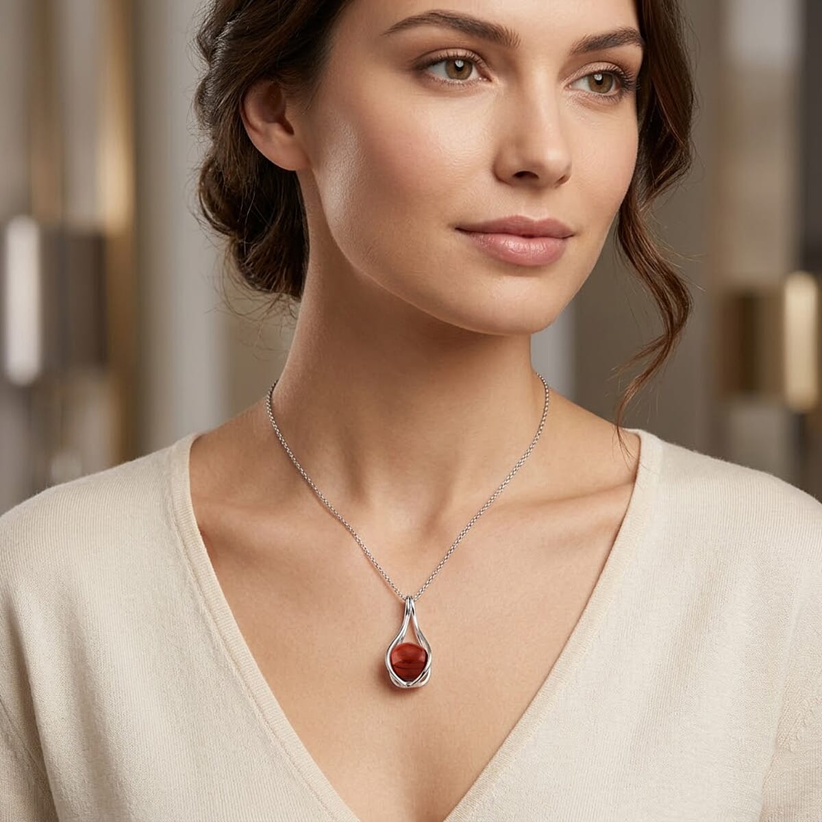 Red Jasper 23.00 ctw Pendant in Silvertone with Stainless Steel Necklace 20 Inches image number 2