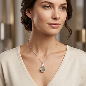 Green Aventurine 23.00 ctw Pendant in Silvertone with Stainless Steel Necklace 20 Inches