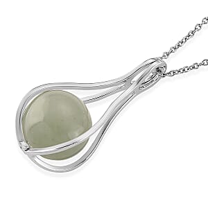 Green Aventurine 23.00 ctw Pendant in Silvertone with Stainless Steel Necklace 20 Inches