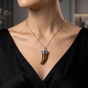 Yellow Tigers Eye 25.00 ctw Pendant in Silvertone with Stainless Steel Necklace 20 Inches