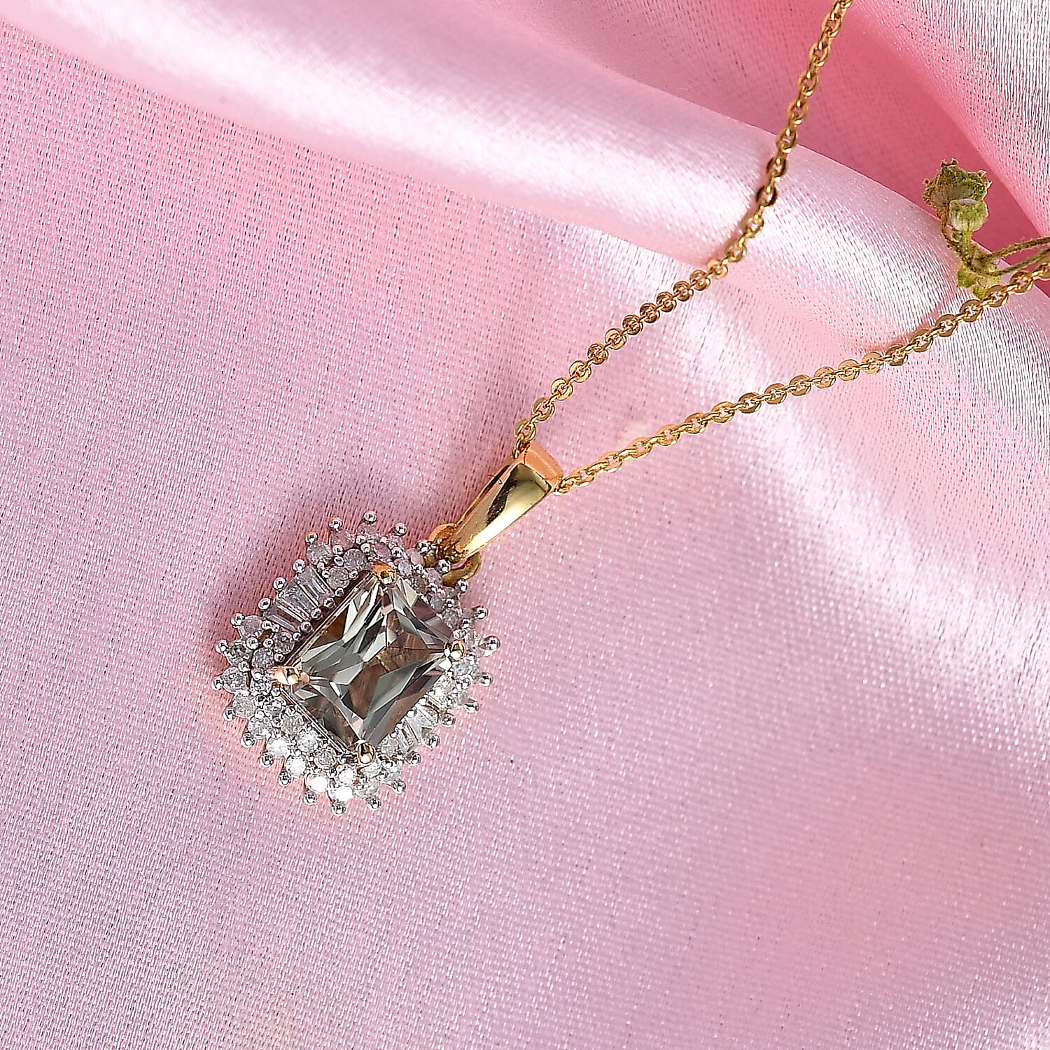 D'Joy AAA Turkizite and Diamond 2.20 ctw Sunset Halo Pendant Necklace in 18K Vermeil Yellow Gold Over Sterling Silver 20 Inches