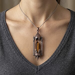 Yellow Tigers Eye 28.00 ctw Pendant in Silvertone with Stainless Steel Necklace 20 Inches