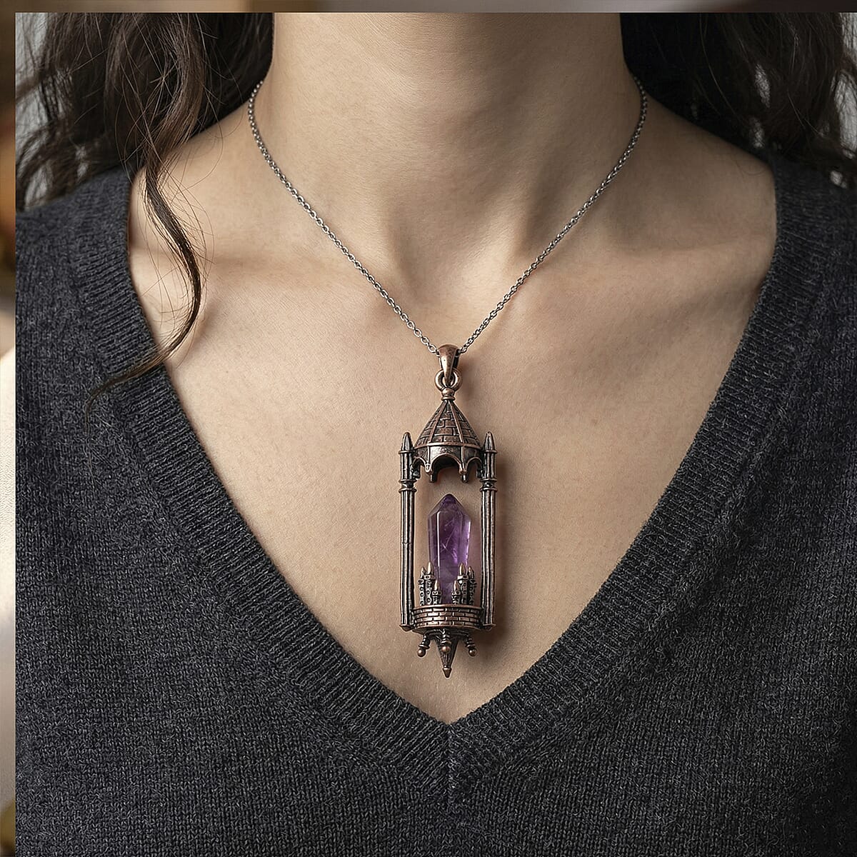 African Amethyst 28.00 ctw Pendant in Silvertone with Stainless Steel Necklace 20 Inches image number 2