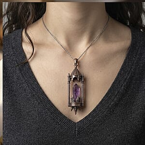 African Amethyst 28.00 ctw Pendant in Silvertone with Stainless Steel Necklace 20 Inches