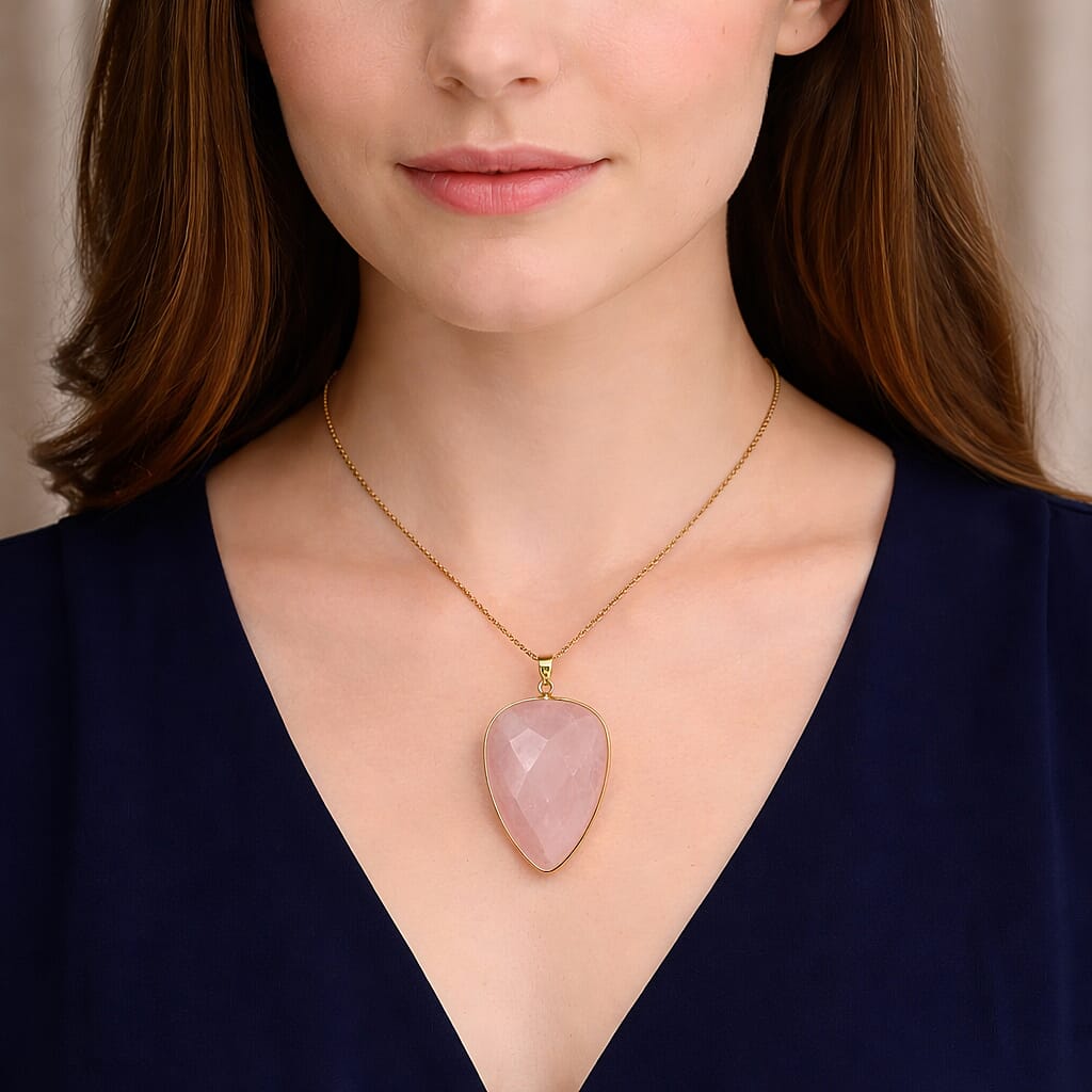 Galilea Rose Quartz 40.00 ctw Pendant in Goldtone with ION Plated YG Stainless Steel Necklace 20 Inches