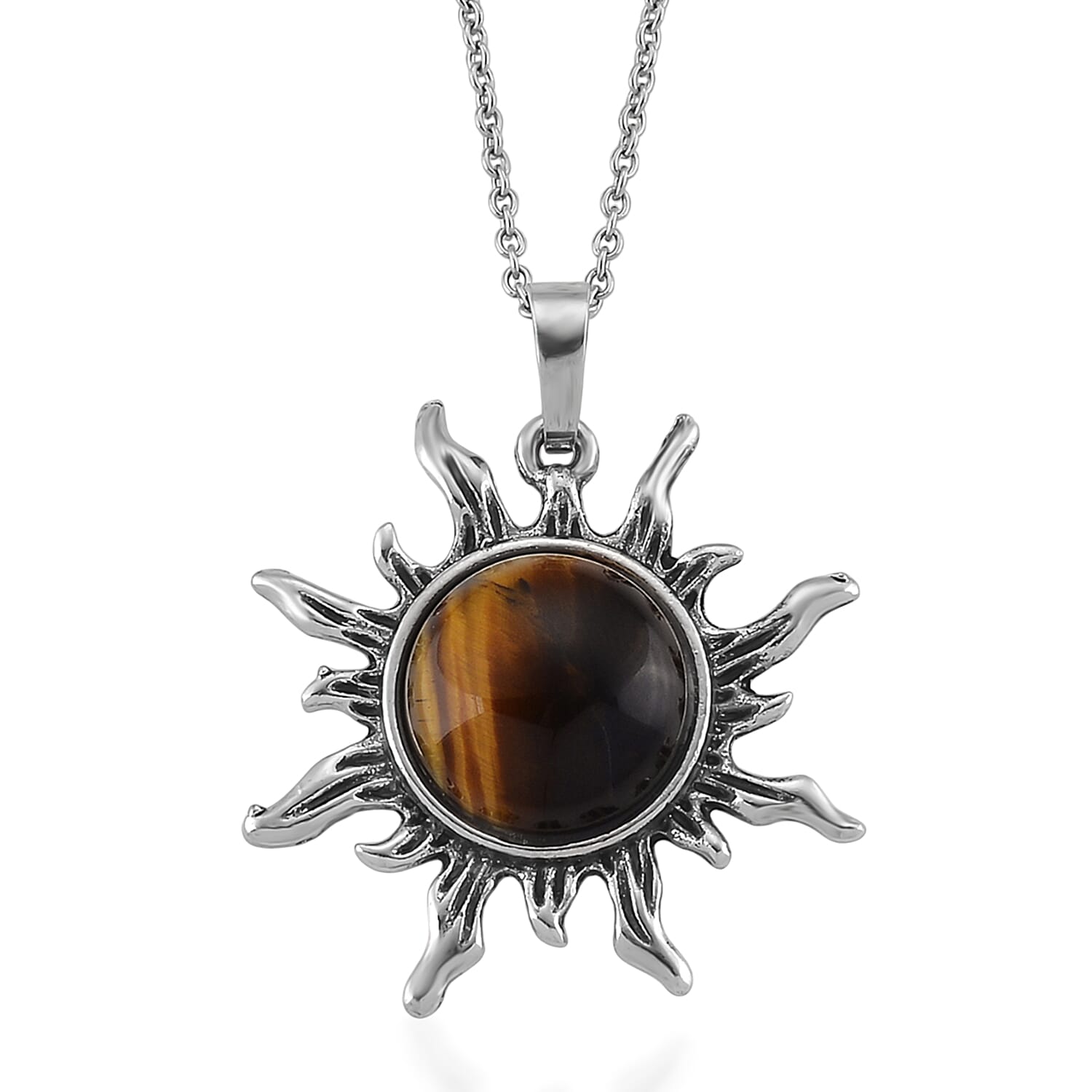 Yellow Tigers Eye 18.00 ctw Pendant in Silvertone with Stainless Steel Necklace 20 Inches