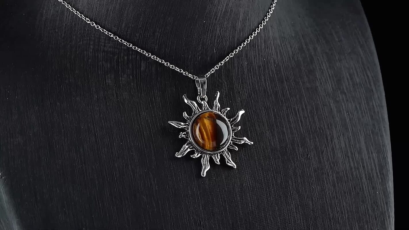 Yellow Tigers Eye Pendant in Silvertone with Stainless Steel Necklace (20 Inches) 18.00 ctw