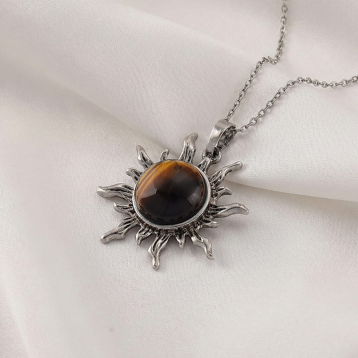 Yellow Tigers Eye 18.00 ctw Pendant in Silvertone with Stainless Steel Necklace 20 Inches image number 1