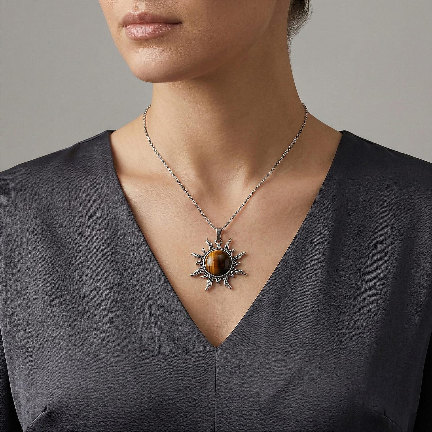 Yellow Tigers Eye 18.00 ctw Pendant in Silvertone with Stainless Steel Necklace 20 Inches